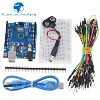 TZT Starter Kit pour arduino UnoR3 : UnoR3, platine de prototypage, fils de raccordement, câble USB et connecteur de batterie 9 V