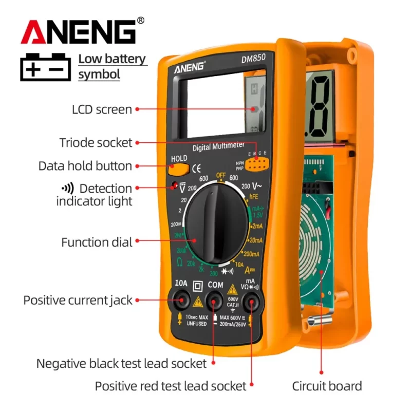 ⁦ANENG DM850 multimètre numérique AC/DC professionnel 1999 testeur de tension Ohm comptes automatiques outil de détection d'ampèremètre de courant automatique⁩ - الصورة ⁦2⁩
