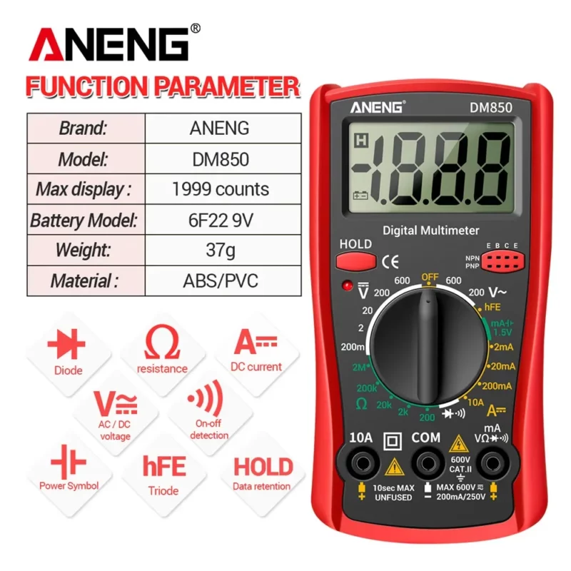 ⁦ANENG DM850 multimètre numérique AC/DC professionnel 1999 testeur de tension Ohm comptes automatiques outil de détection d'ampèremètre de courant automatique⁩ - الصورة ⁦6⁩