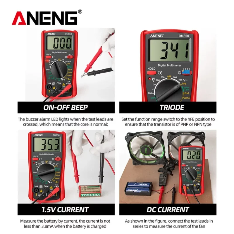 ⁦ANENG DM850 multimètre numérique AC/DC professionnel 1999 testeur de tension Ohm comptes automatiques outil de détection d'ampèremètre de courant automatique⁩ - الصورة ⁦4⁩