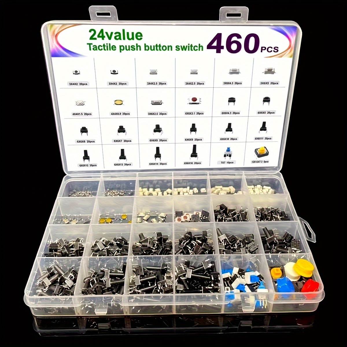 460pcs Touch Button Switch Assortment Kit, 460pcs Set, Includes 24 Specifications of Two-Pin and Four-Pin for Automotive and Small Appliances