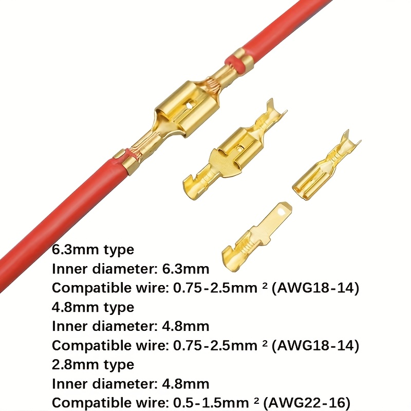 2.8 4.8 6.3mm Female Press Terminal Connector Golden Car Speaker Wire Connector Set, Without Battery - الصورة 4