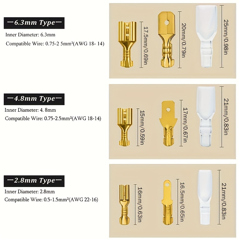 2.8 4.8 6.3mm Female Press Terminal Connector Golden Car Speaker Wire Connector Set, Without Battery - الصورة 2